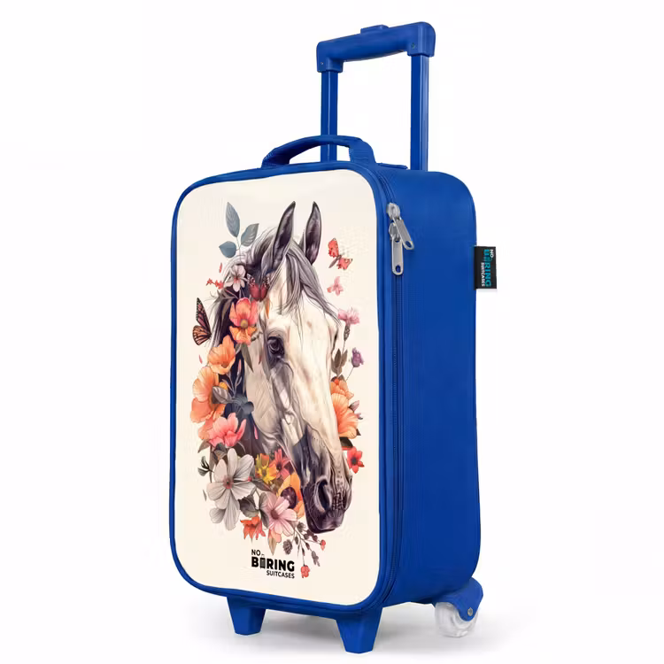 Wit paardenhoofd omringd door bloemen en vlinders Kinderkoffer - Blauw klein -productfoto_schuin
