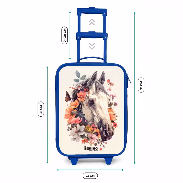 Wit paardenhoofd omringd door bloemen en vlinders Kinderkoffer - Blauw klein -productfoto_formaten