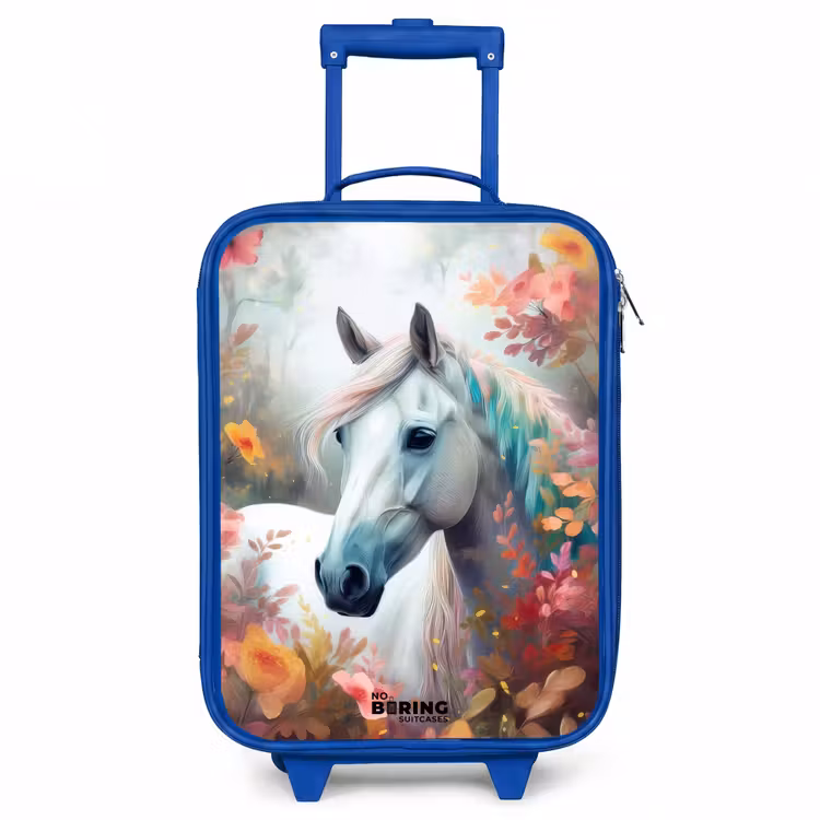 Wit paard omringd door bloemen Kinderkoffer - Blauw klein -3d