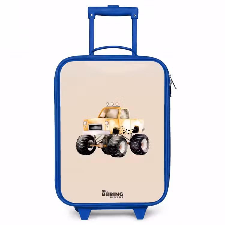 Gele monstertruck op een beige achtergrond Kinderkoffer - Blauw klein -3d