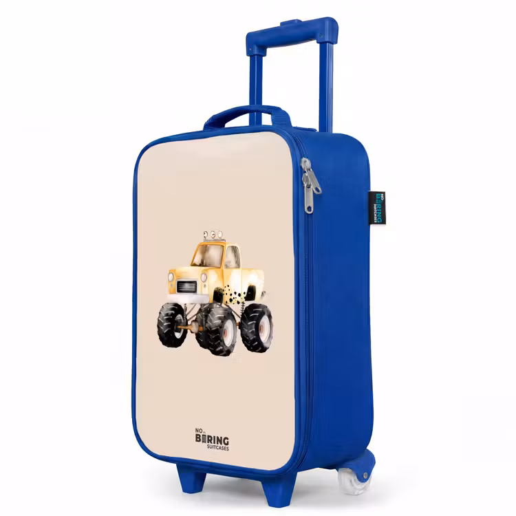 Gele monstertruck op een beige achtergrond Kinderkoffer - Blauw klein -productfoto_schuin