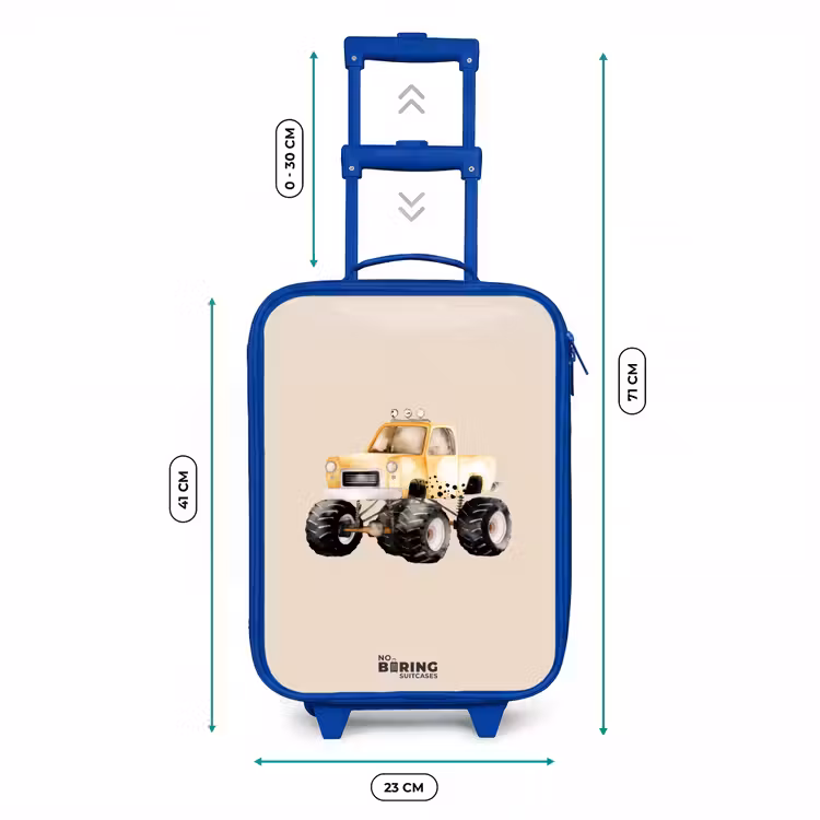 Gele monstertruck op een beige achtergrond Kinderkoffer - Blauw klein -productfoto_formaten