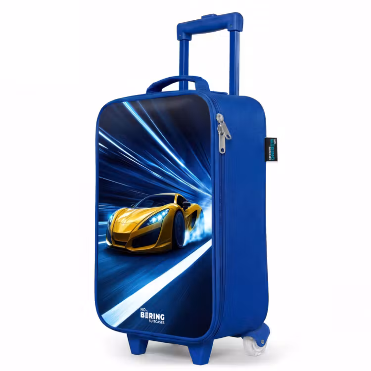 Gele sportwagen in lichttunnel van snelheid Kinderkoffer - Blauw klein -productfoto_schuin