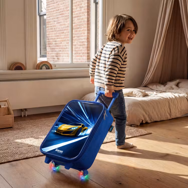 Gele sportwagen in lichttunnel van snelheid Kinderkoffer - Blauw klein -sfeer1