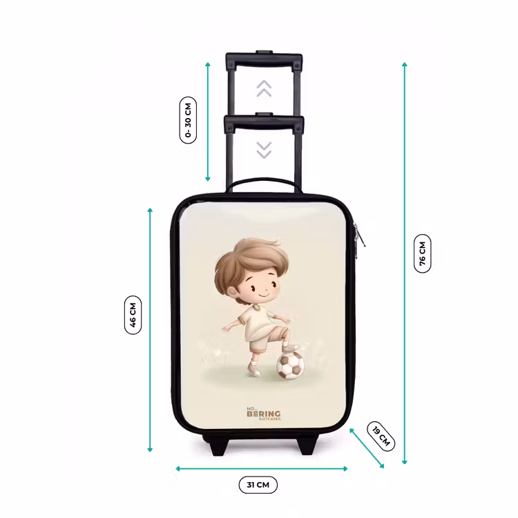 Jongen met een voetbal in bruine tinten Kinderkoffer - Zwart klein -productfoto_formaten