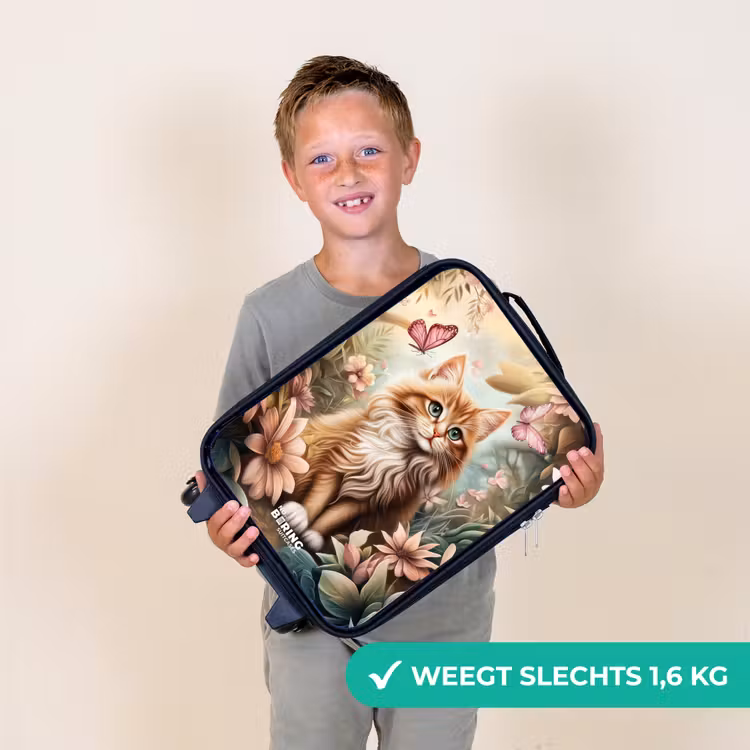 Kat in bloemenveld met roze vlinders. Kinderkoffer - Zwart klein -sfeer4_NL