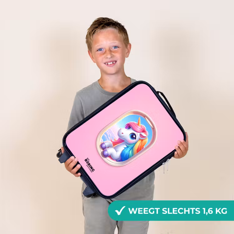 Kleurrijke eenhoorn uit een vliegtuigraam Kinderkoffer - Zwart klein -sfeer4_NL
