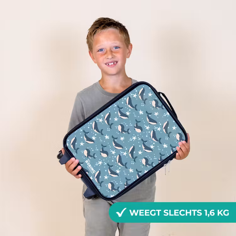 Donkerblauw walvissenpatroon met zeesterren Kinderkoffer - Zwart klein -sfeer4_NL