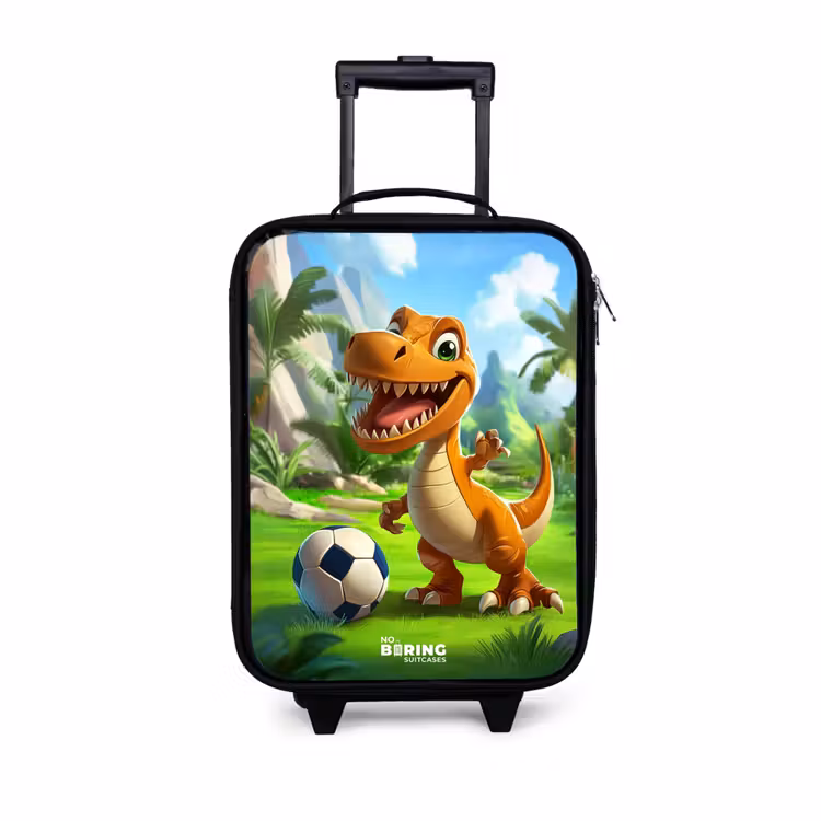Dino met een voetbal in groen landschap Kinderkoffer - Zwart klein -3d