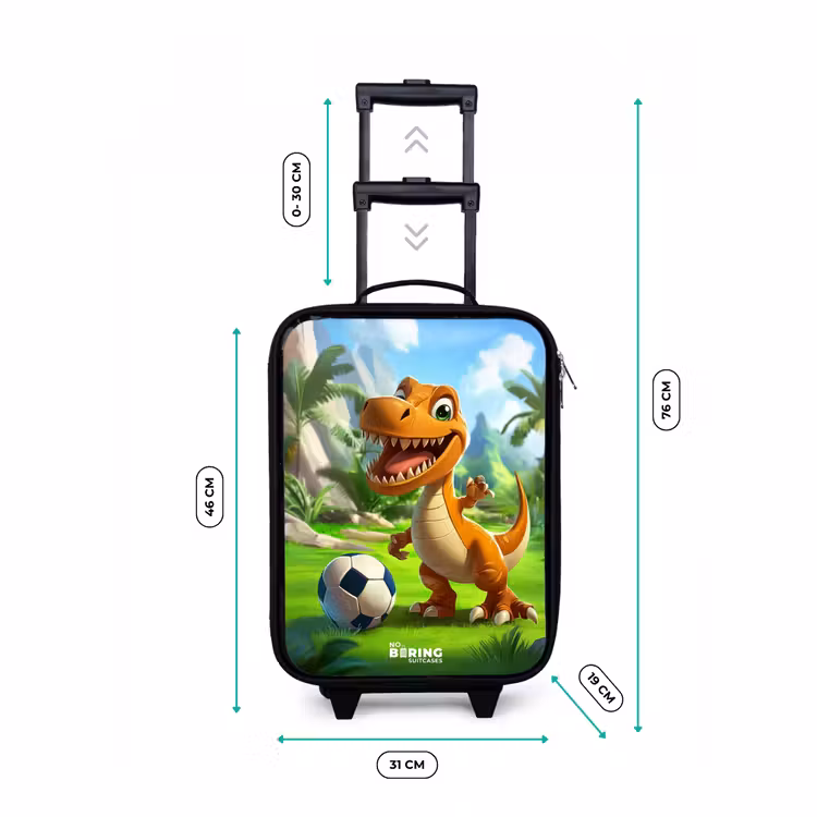Dino met een voetbal in groen landschap Kinderkoffer - Zwart klein -productfoto_formaten