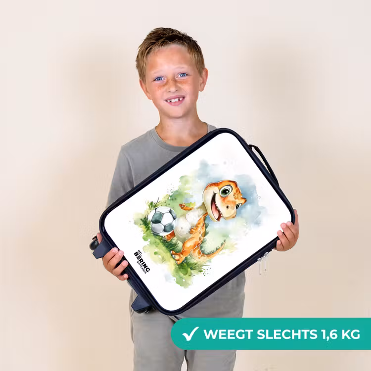 Dino met voetbal in kleurrijk veld Kinderkoffer - Zwart klein -sfeer4_NL