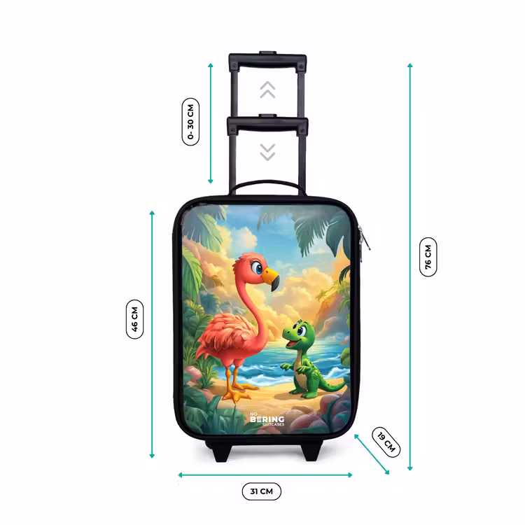 Flamingo en dinosaurus op strand bij ondergaande zon Kinderkoffer - Zwart klein -productfoto_formaten