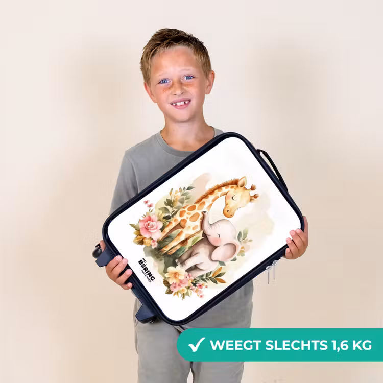 Giraffe en olifant tussen bloemen op witte achtergrond Kinderkoffer - Zwart klein -sfeer4_NL