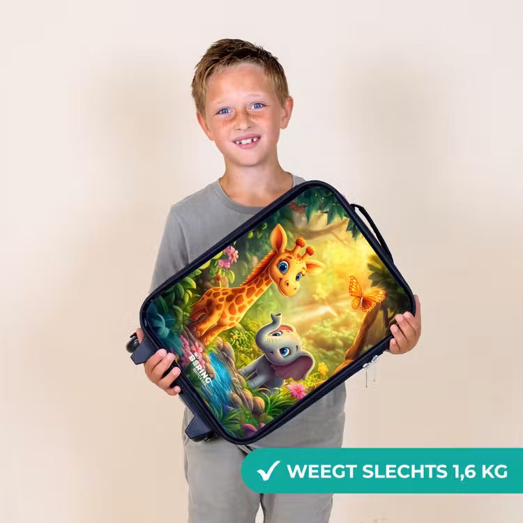 Giraf en olifant bij beekje in de Jungle Kinderkoffer - Zwart klein -sfeer4_NL