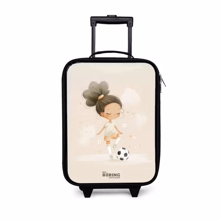 Meisje met een voetbal in beige kleuren Kinderkoffer - Zwart klein -3d