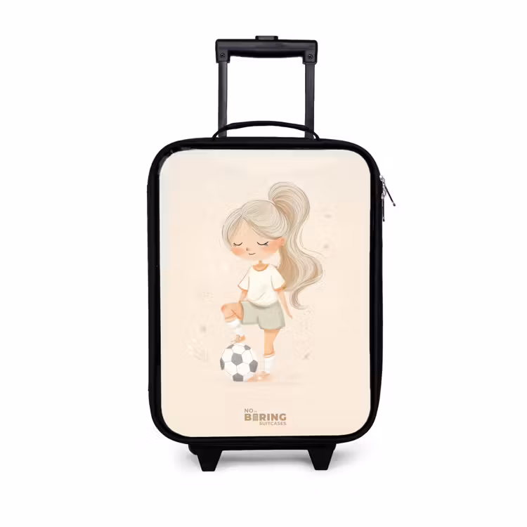 Meisje met een voetbal in beige kleuren Kinderkoffer - Zwart klein -3d