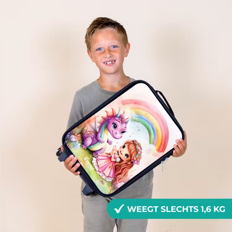 Meisje met paarse draak onder regenboog Kinderkoffer - Zwart klein -sfeer4_NL