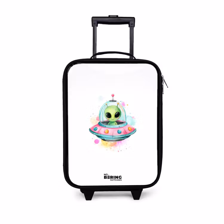 Groene alien in kleurrijke UFO Kinderkoffer - Zwart klein -3d