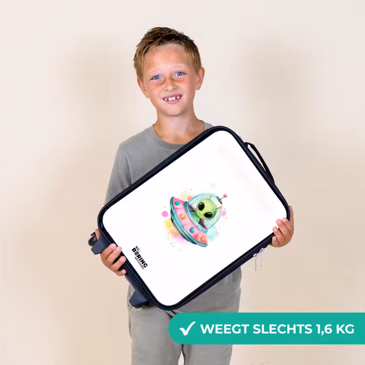 Groene alien in kleurrijke UFO Kinderkoffer - Zwart klein -sfeer4_NL