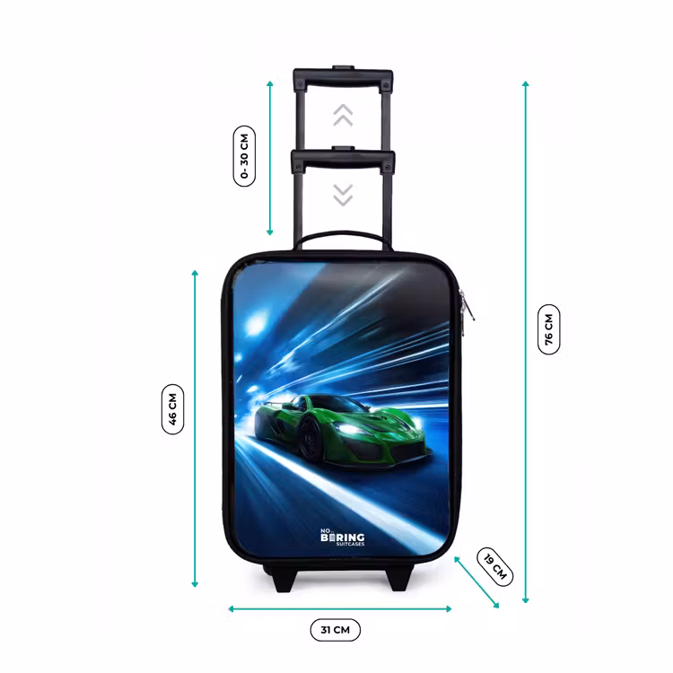 Groene supercar flitst door neonlicht Kinderkoffer - Zwart klein -productfoto_formaten
