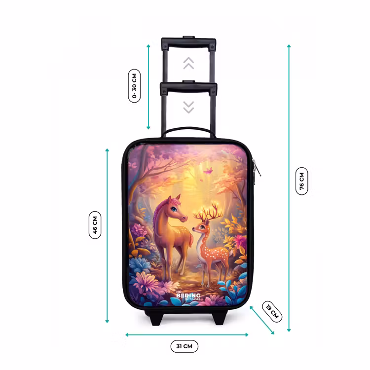 Paard en hert in een roze sprookjesbos Kinderkoffer - Zwart klein -productfoto_formaten