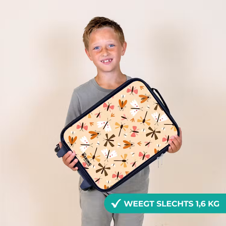 Insectenpatroon in bruin, roze en oranje op beige achtergrond Kinderkoffer - Zwart klein -sfeer4_NL