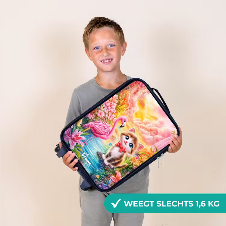 Kitten met flamingo in tropisch bloemenparadijs Kinderkoffer - Zwart klein -sfeer4_NL