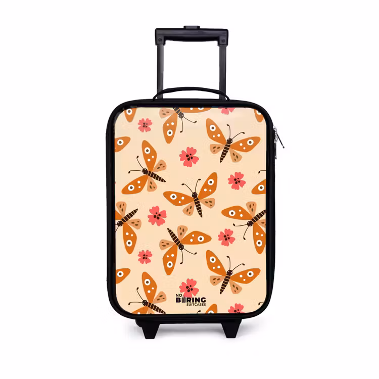 Oranje vlinders en roze bloemen op beige achtergrond Kinderkoffer - Zwart klein -3d