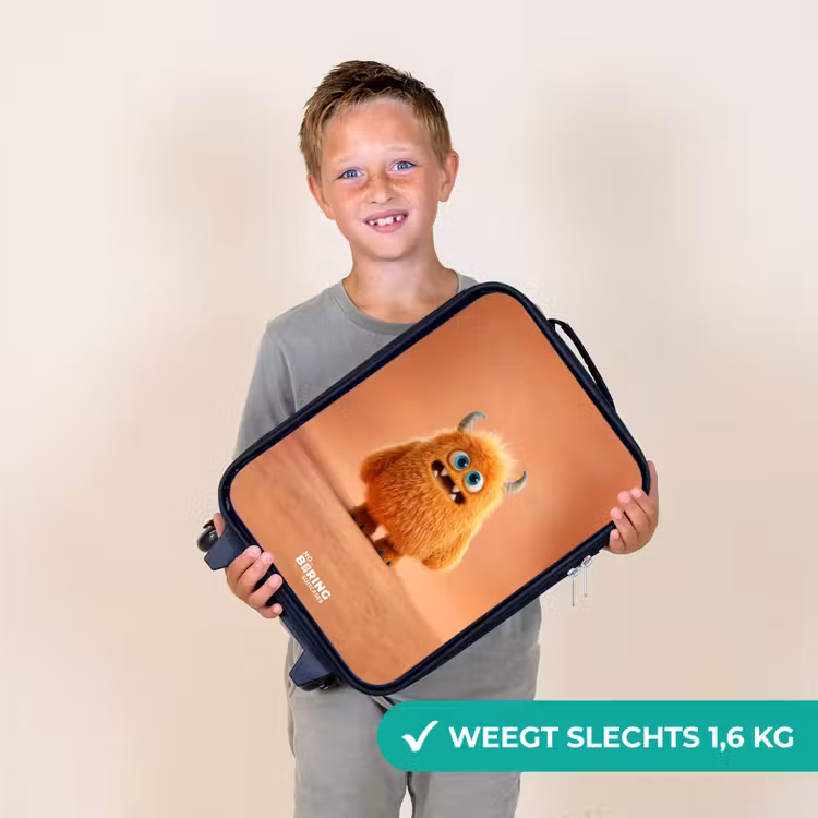 Oranje Pluizig Monster met Hoorns Kinderkoffer - Zwart klein -sfeer4_NL