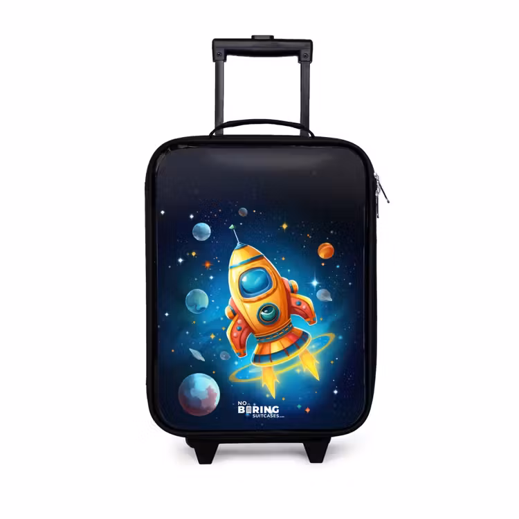 Oranje raket in de sterrenhemel Kinderkoffer - Zwart klein -3d
