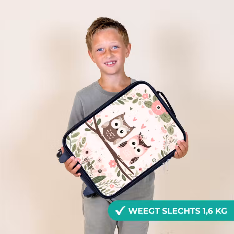Roze en bruine uil zitten samen op een tak Kinderkoffer - Zwart klein -sfeer4_NL