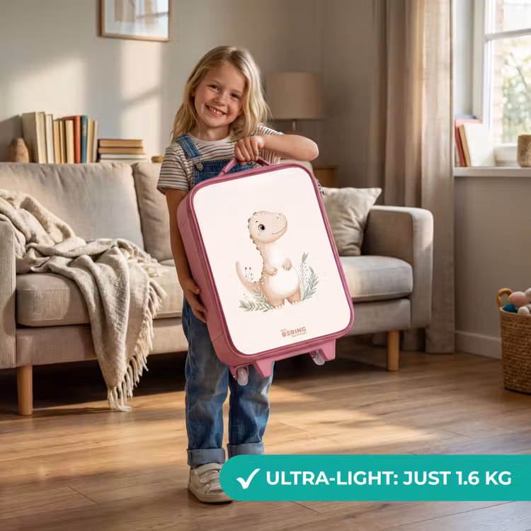 Beige dinosaurus met groene blaadjes Kinderkoffer - Roze klein -sfeer2_EN
