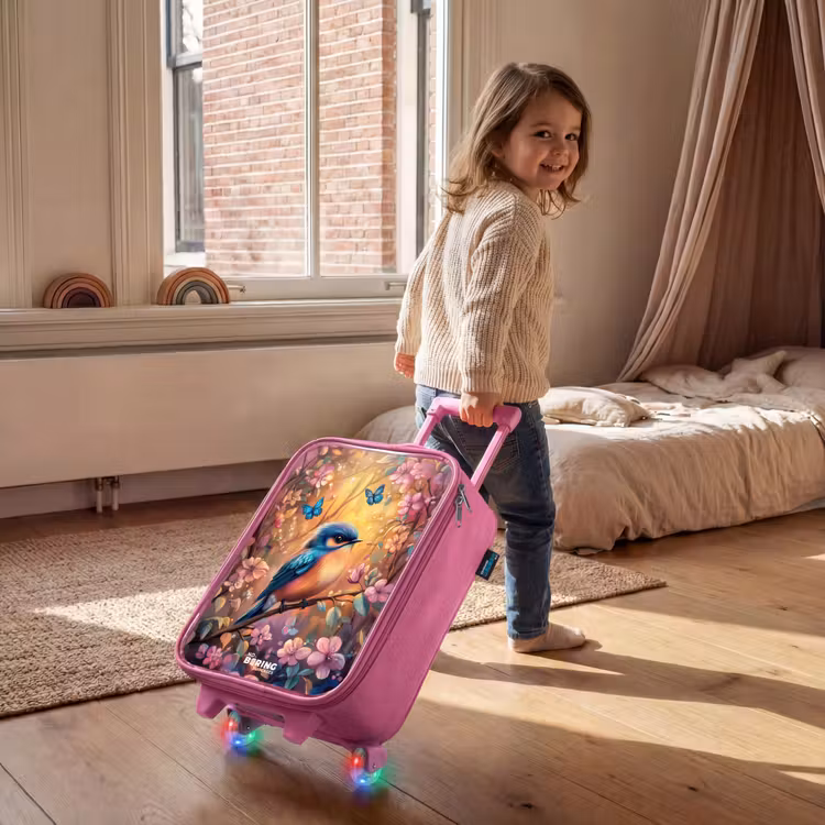 Vogel met vlinders in kleurrijk bos. Kinderkoffer - Roze klein -sfeer1