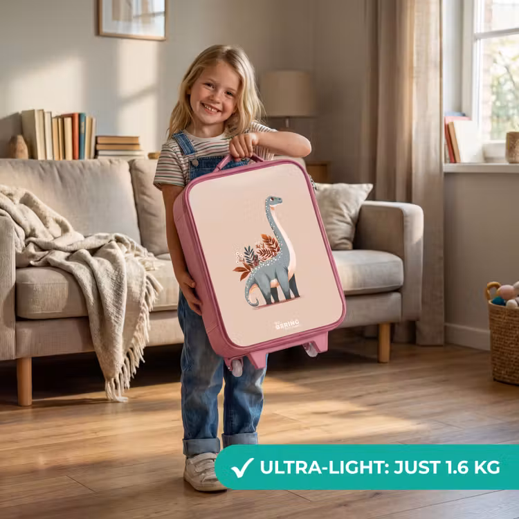 Blauwe dinosaurus op een beige achtergrond Kinderkoffer - Roze klein -sfeer2_EN