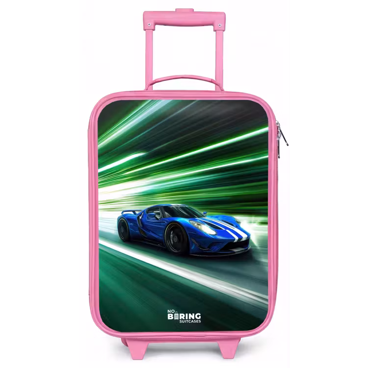 Blauwe raceauto met strepen in groene tunnel Kinderkoffer - Roze klein -zz3dotto