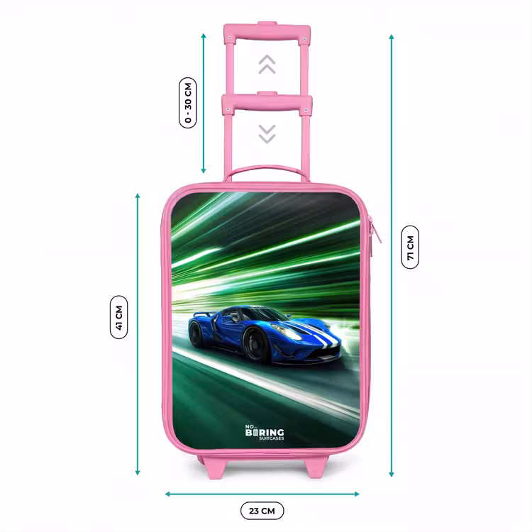 Blauwe raceauto met strepen in groene tunnel Kinderkoffer - Roze klein -productfoto_formaten
