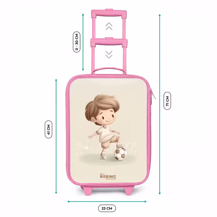 Jongen met een voetbal in bruine tinten Kinderkoffer - Roze klein -productfoto_formaten