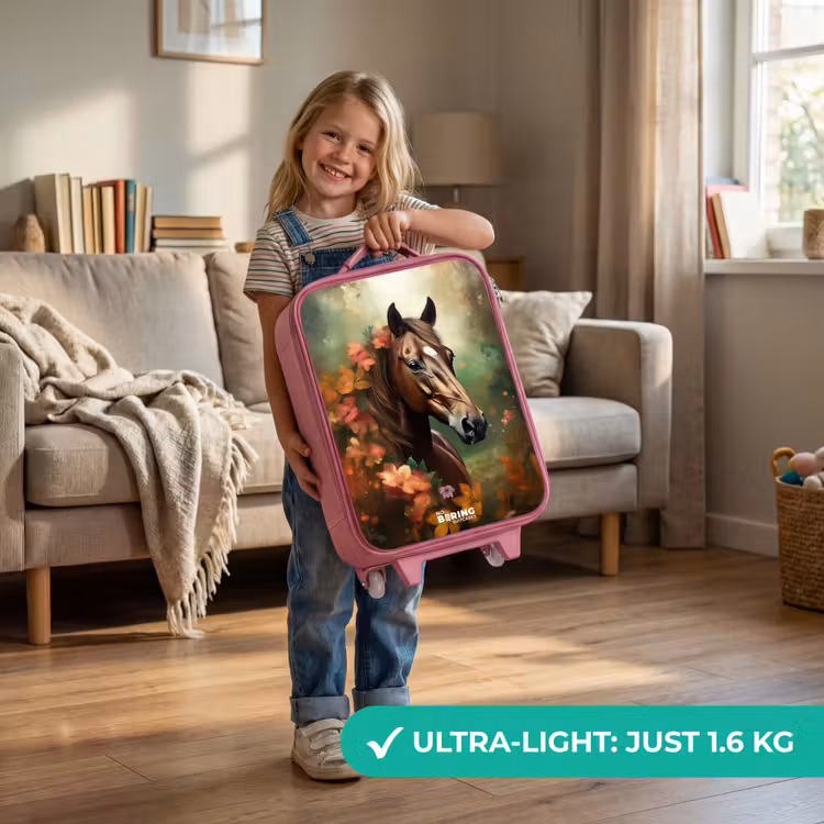 Bruin paard tussen de bloemen Kinderkoffer - Roze klein -sfeer2_EN