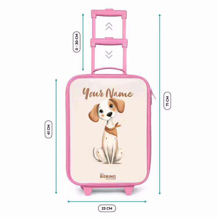 Bruin gevlekte pup op een beige achtergrond Kinderkoffer - Roze klein -productfoto_formaten