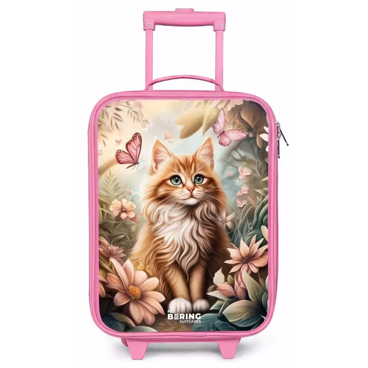 Kat in bloemenveld met roze vlinders. Kinderkoffer - Roze klein -zz3dotto