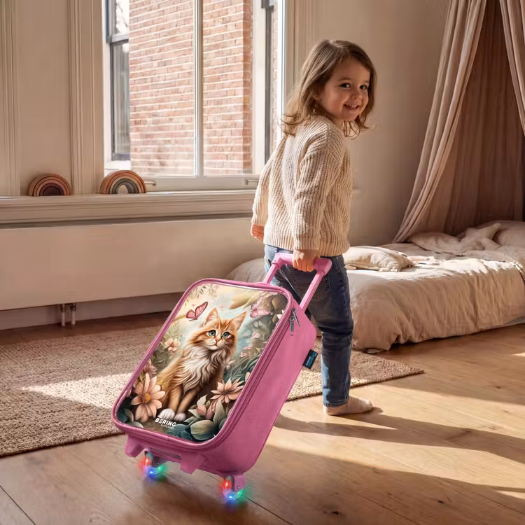 Kat in bloemenveld met roze vlinders. Kinderkoffer - Roze klein -sfeer1