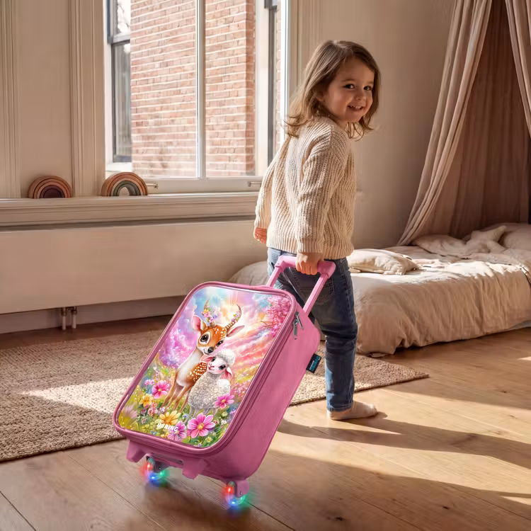 Hertje met een lammetje in pastelbloemenveld Kinderkoffer - Roze klein -sfeer1