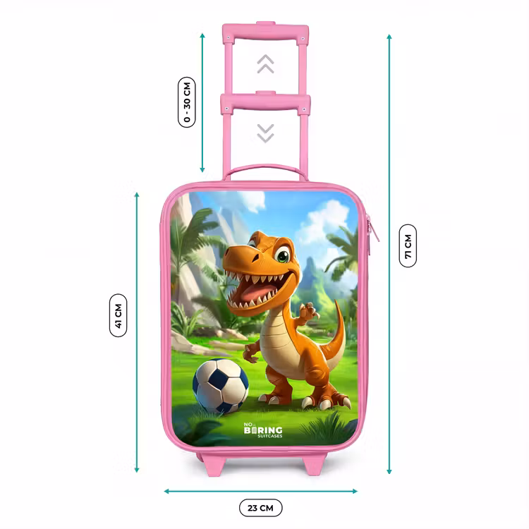 Dino met een voetbal in groen landschap Kinderkoffer - Roze klein -productfoto_formaten