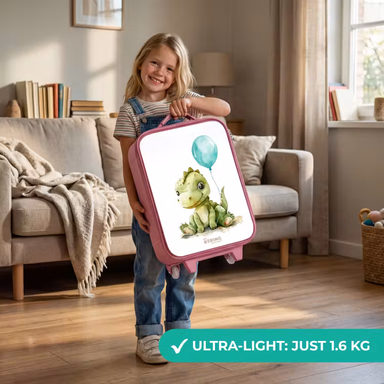 Dino met blauwe ballon Kinderkoffer - Roze klein -sfeer2_EN