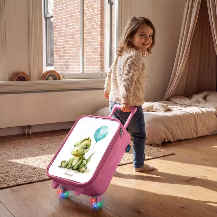 Dino met blauwe ballon Kinderkoffer - Roze klein -sfeer1