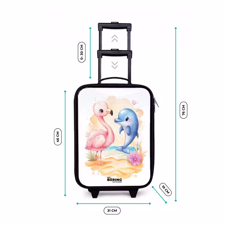 Roze flamingo en blauwe dolfijn op een strand Kinderkoffer - Zwart klein -productfoto_formaten