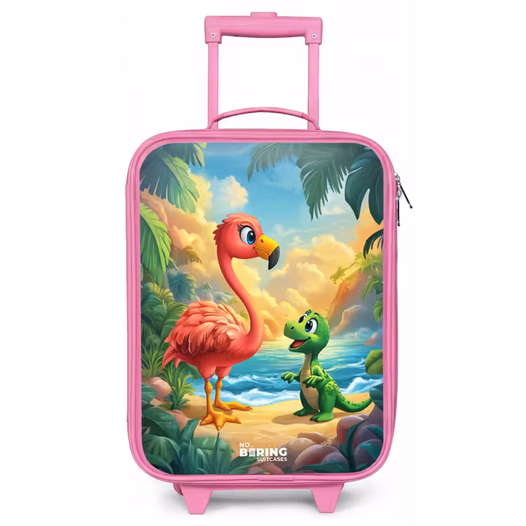 Flamingo en dinosaurus op strand bij ondergaande zon Kinderkoffer - Roze klein -zz3dotto