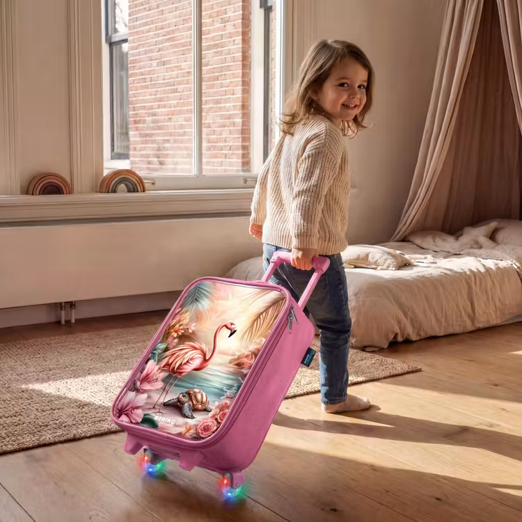 Flamingo en schildpad op een roze strand. Kinderkoffer - Roze klein -sfeer1