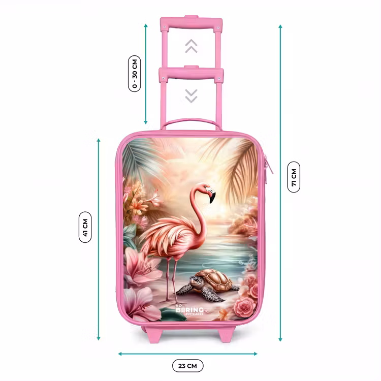 Flamingo en schildpad op een roze strand. Kinderkoffer - Roze klein -productfoto_formaten