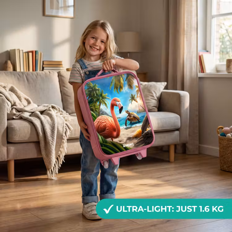 Flamingo en schildpad op tropisch strand Kinderkoffer - Roze klein -sfeer2_EN